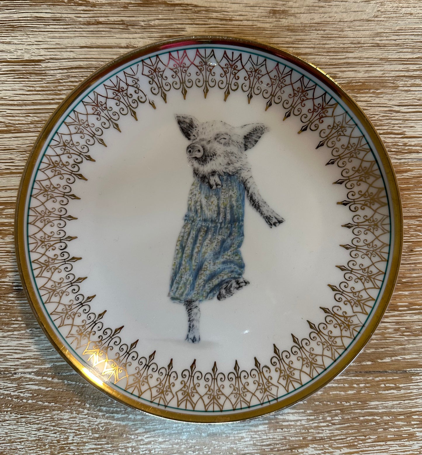 Vintage Teller tanzendes Schwein