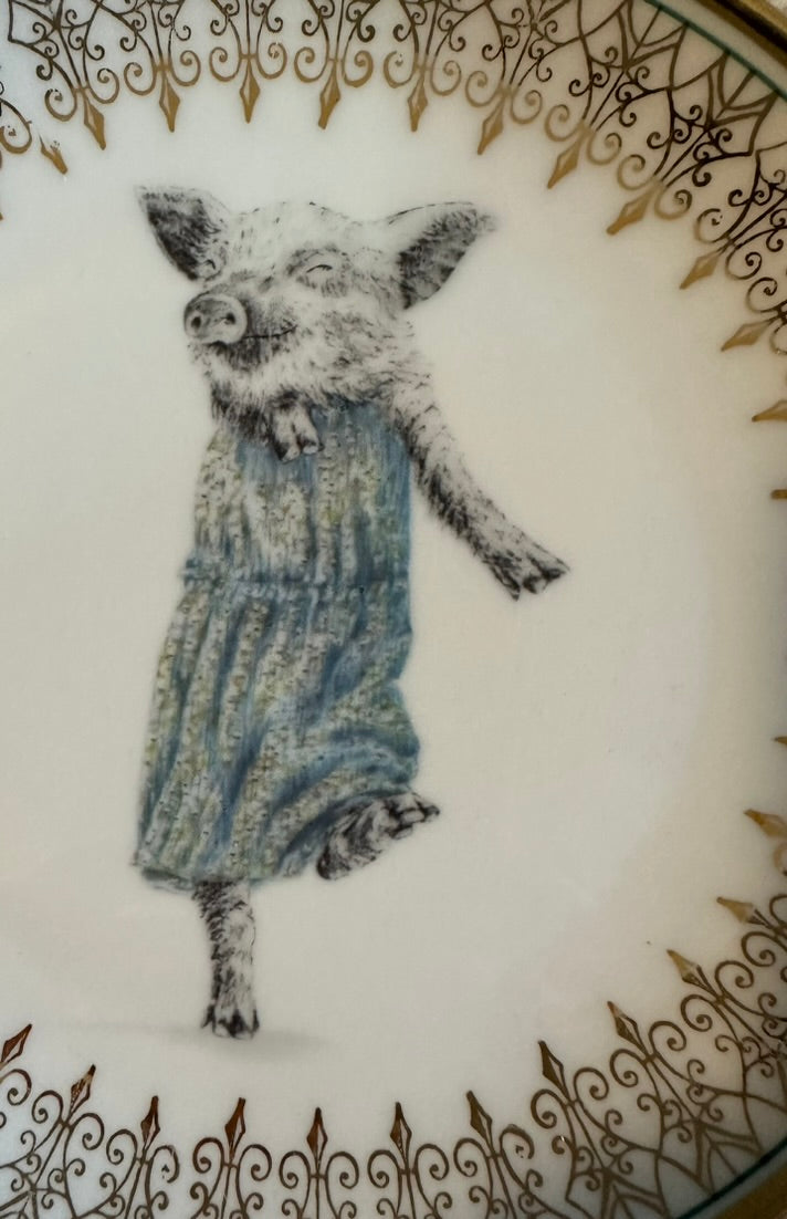 Vintage Teller tanzendes Schwein